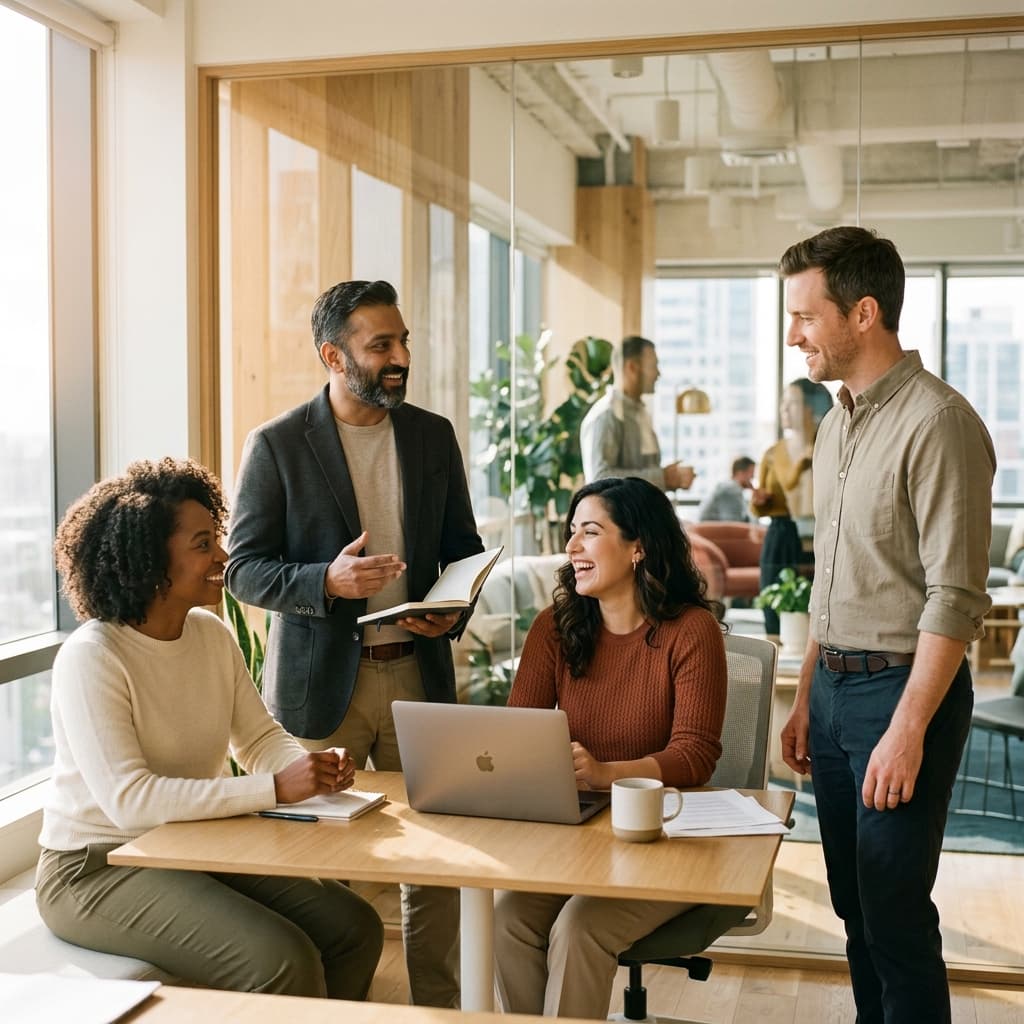 Diverse team of professionals collaborating in a modern workspace